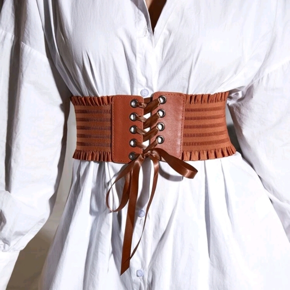 Wide Brown lace up corset elastic boho stretch waist ruffle statement belt - Picture 5 of 11